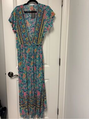 Amazon Teal Floral Maxi Dress with Pink and Yellow Accents